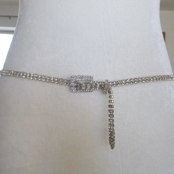 VTG Clear Crystal Rhinestone Slim Thin Belt, Silver tone metal Mint Sz XS/S - Picture 1 of 7